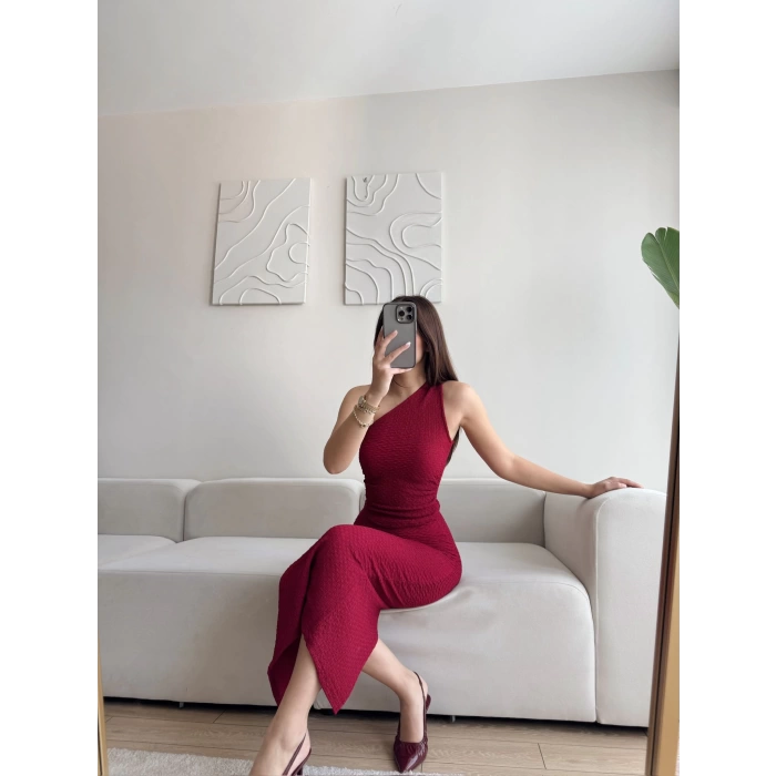 Tek Omuz Crop Yırtmaç Etek Takım - BORDO