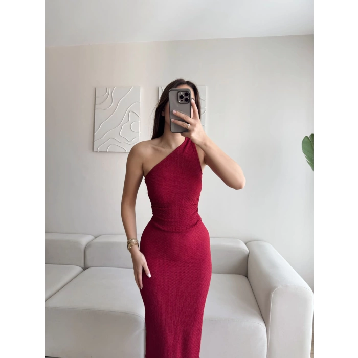 Tek Omuz Crop Yırtmaç Etek Takım - BORDO