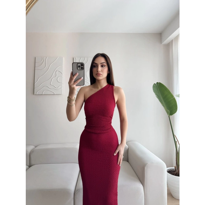 Tek Omuz Crop Yırtmaç Etek Takım - BORDO