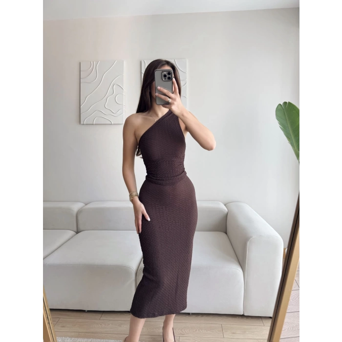Tek Omuz Crop Yırtmaç Etek Takım - KAHVE