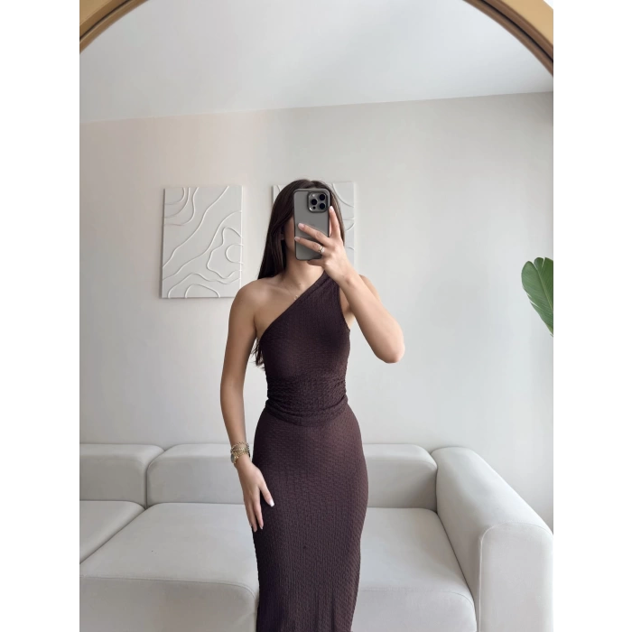 Tek Omuz Crop Yırtmaç Etek Takım - KAHVE