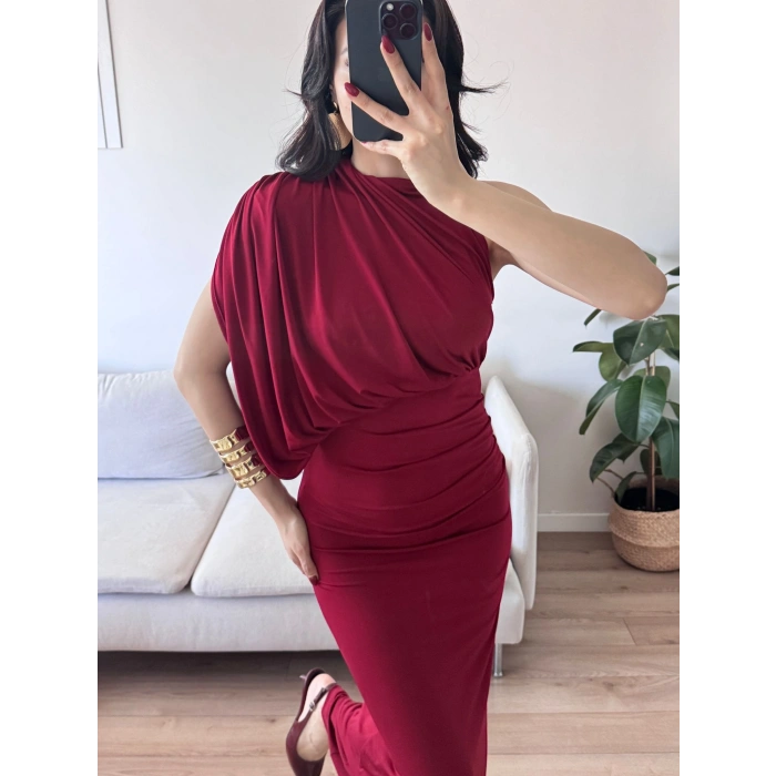 Tek Omuz Drapeli Elbise - BORDO