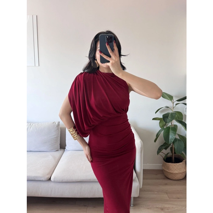 Tek Omuz Drapeli Elbise - BORDO