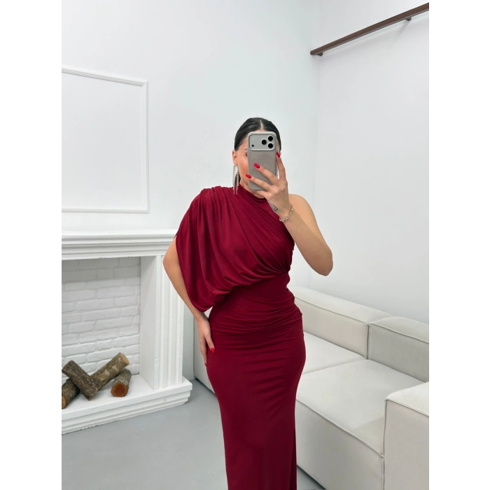 Tek Omuz Drapeli Elbise - BORDO