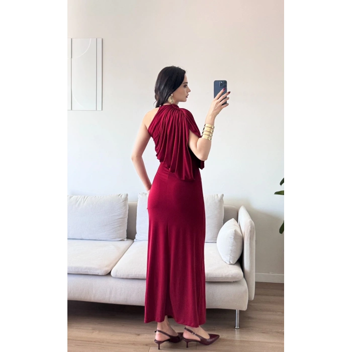 Tek Omuz Drapeli Elbise - BORDO