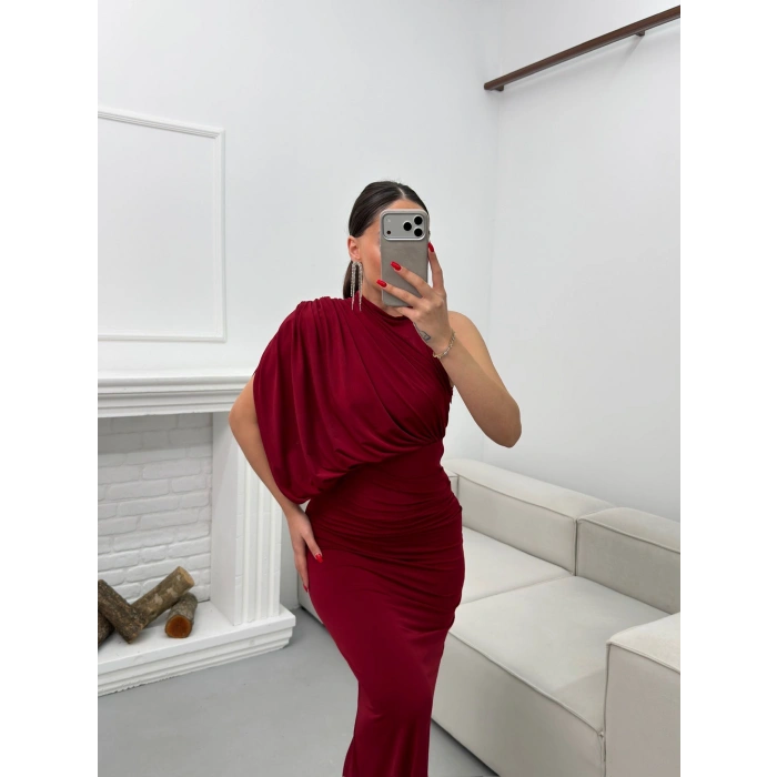 Tek Omuz Drapeli Elbise - BORDO