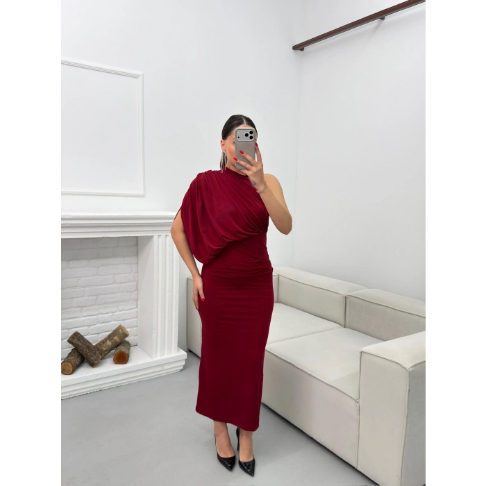 Tek Omuz Drapeli Elbise - BORDO