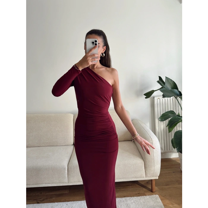 Tek Omuz Drapeli Elbise - BORDO