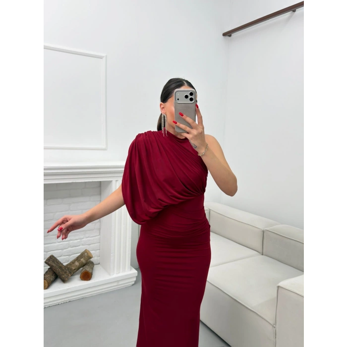 Tek Omuz Drapeli Elbise - BORDO
