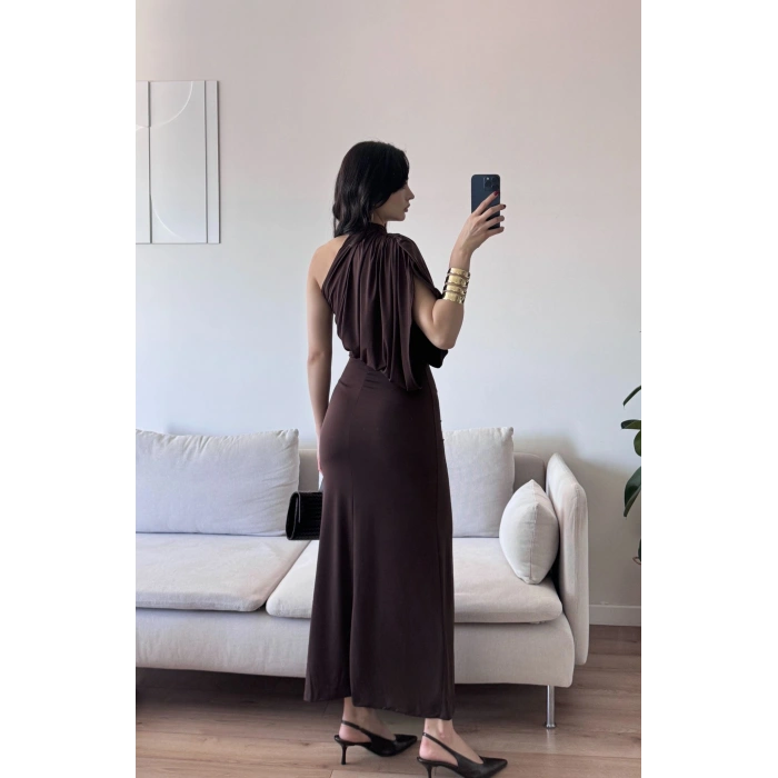 Tek Omuz Drapeli Elbise - KAHVE