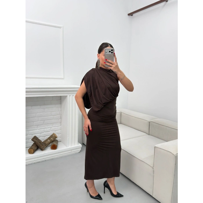 Tek Omuz Drapeli Elbise - KAHVE