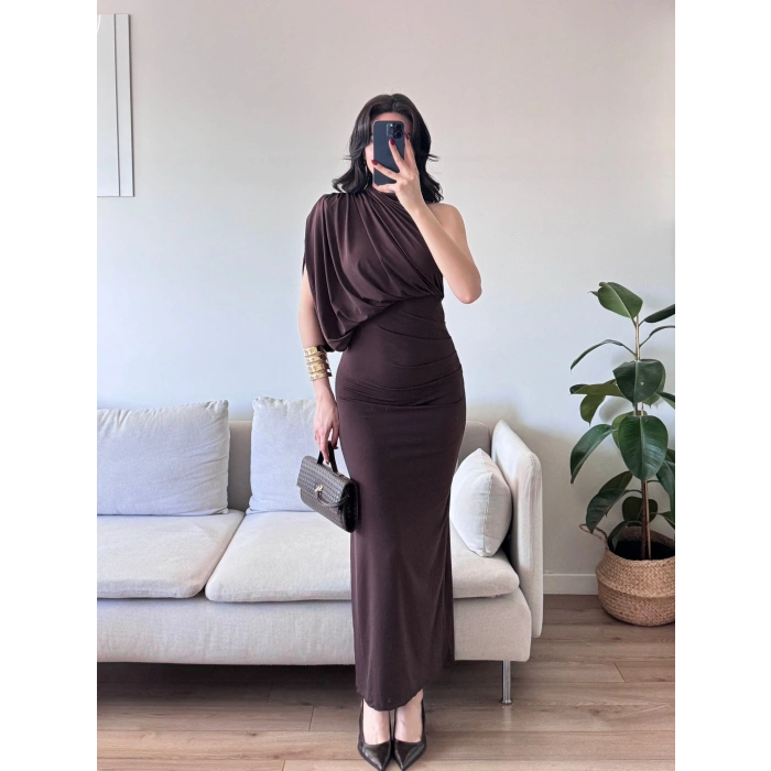 Tek Omuz Drapeli Elbise - KAHVE