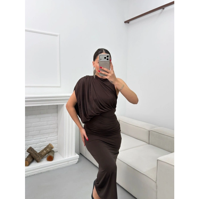 Tek Omuz Drapeli Elbise - KAHVE
