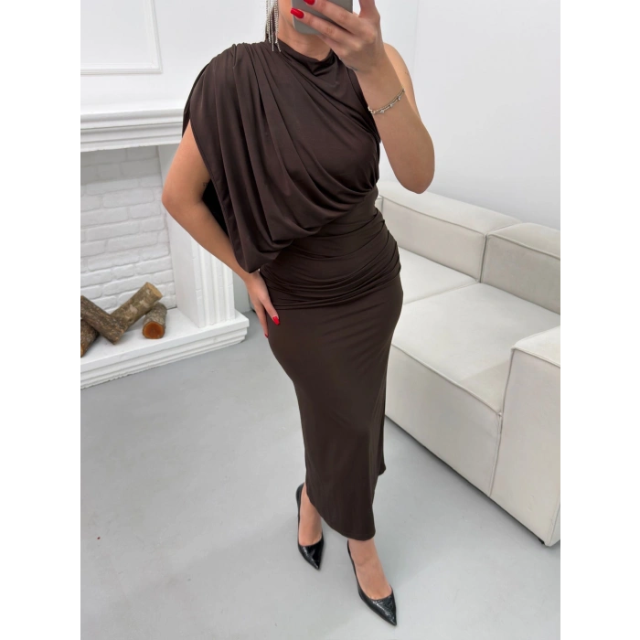 Tek Omuz Drapeli Elbise - KAHVE