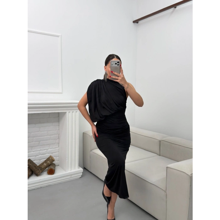 Tek Omuz Drapeli Elbise - SİYAH