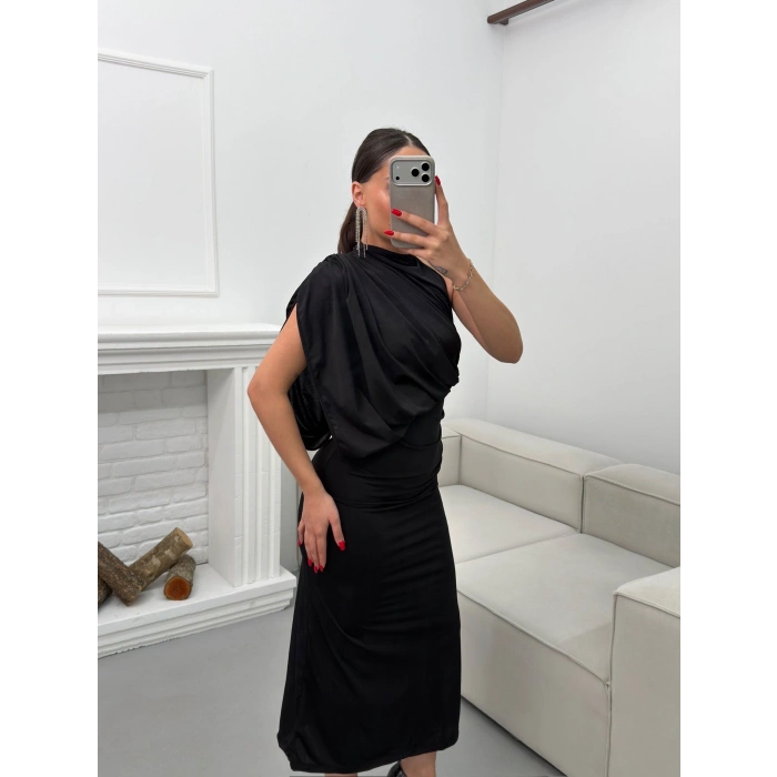 Tek Omuz Drapeli Elbise - SİYAH