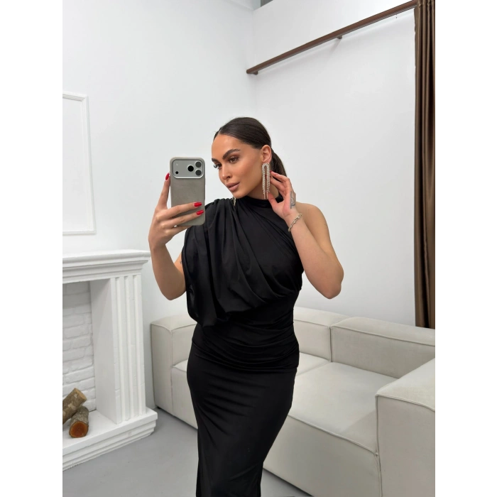 Tek Omuz Drapeli Elbise - SİYAH