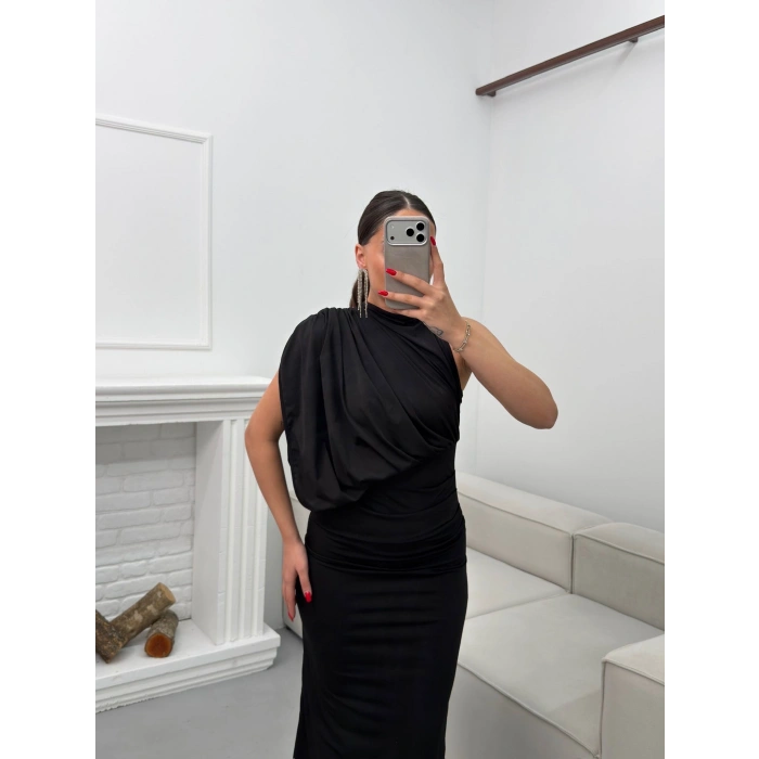 Tek Omuz Drapeli Elbise - SİYAH