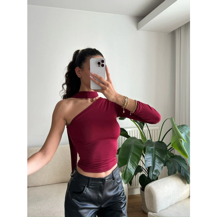 Tek Omuz Fularlı Bluz - BORDO