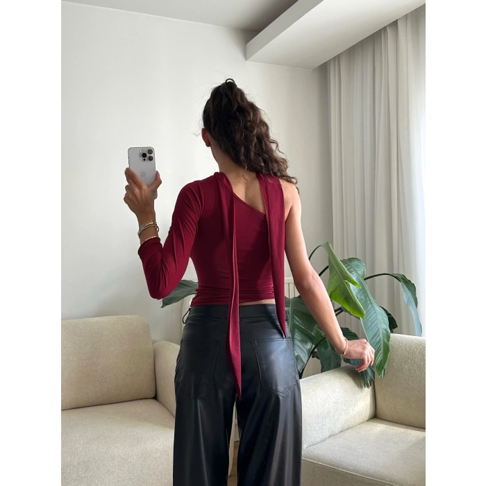 Tek Omuz Fularlı Bluz - BORDO