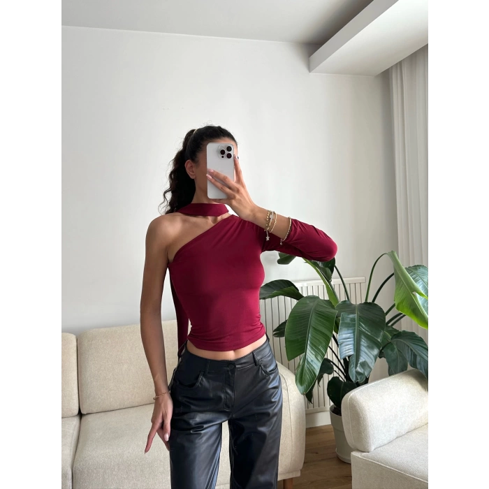 Tek Omuz Fularlı Bluz - BORDO