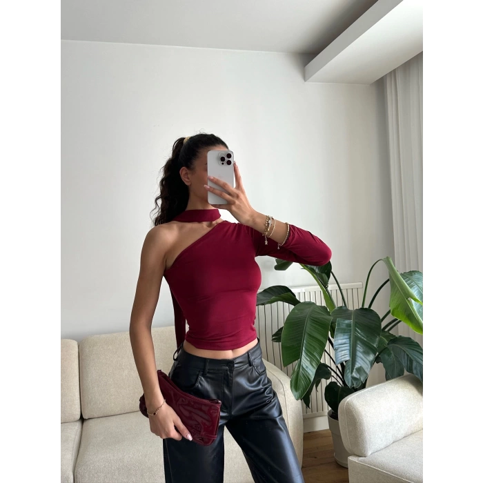 Tek Omuz Fularlı Bluz - BORDO