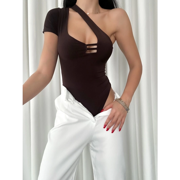 Tek Omuz Göğüs Detay Bodysuit-ACI KAHVE