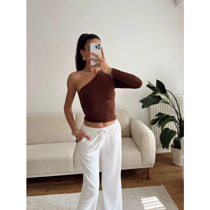 Tek Omuz Kuşaklı Crop - KAHVE