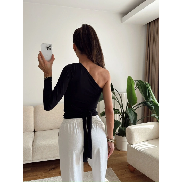 Tek Omuz Kuşaklı Crop - SİYAH