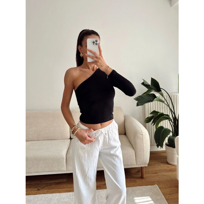 Tek Omuz Kuşaklı Crop - SİYAH
