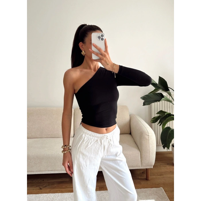 Tek Omuz Kuşaklı Crop - SİYAH