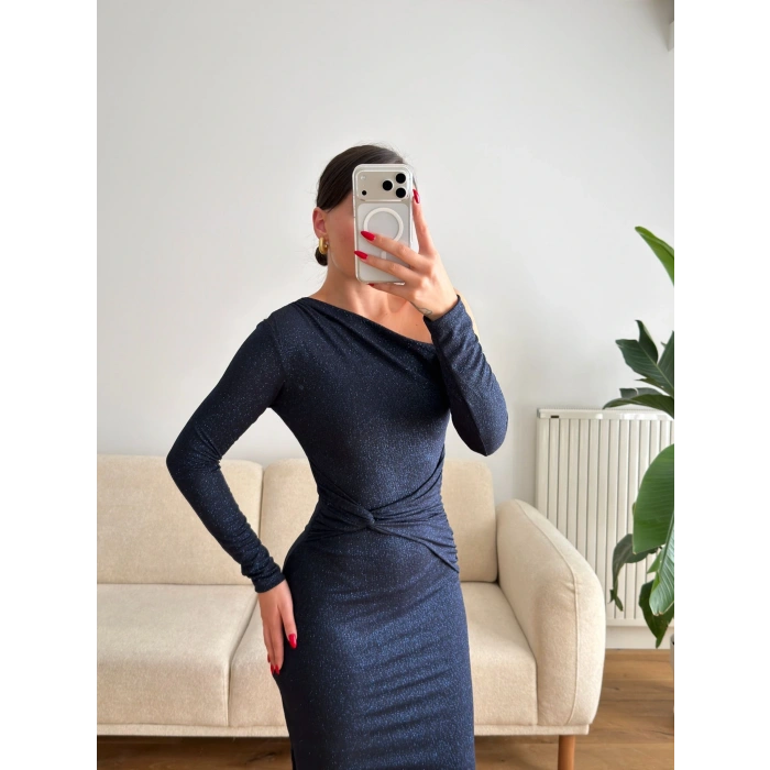 Tek Omuz Simli Drapeli Elbise- LACİVERT