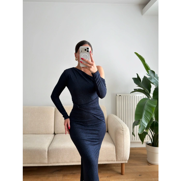 Tek Omuz Simli Drapeli Elbise- LACİVERT