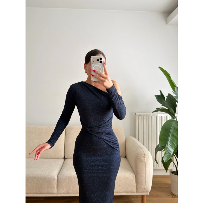 Tek Omuz Simli Drapeli Elbise- LACİVERT