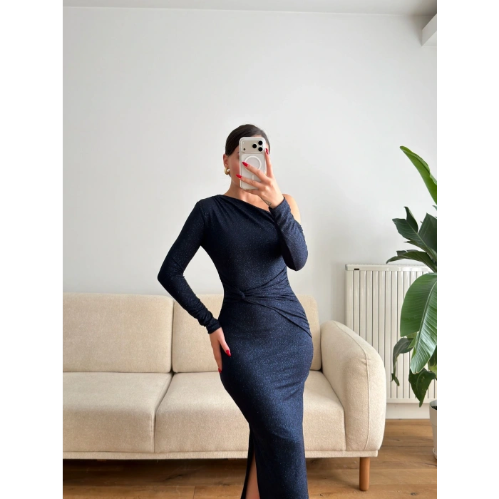 Tek Omuz Simli Drapeli Elbise- LACİVERT