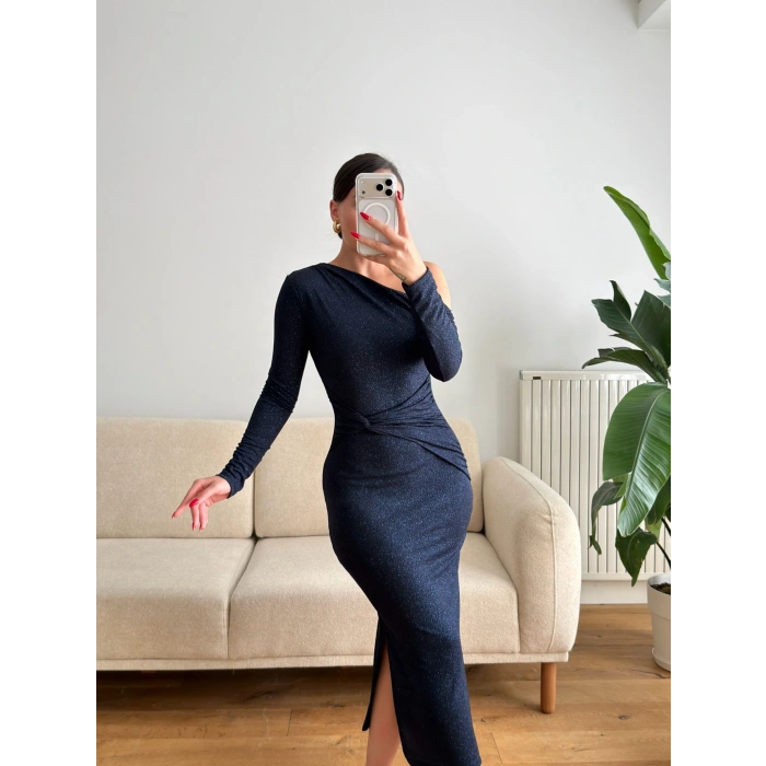 Tek Omuz Simli Drapeli Elbise- LACİVERT