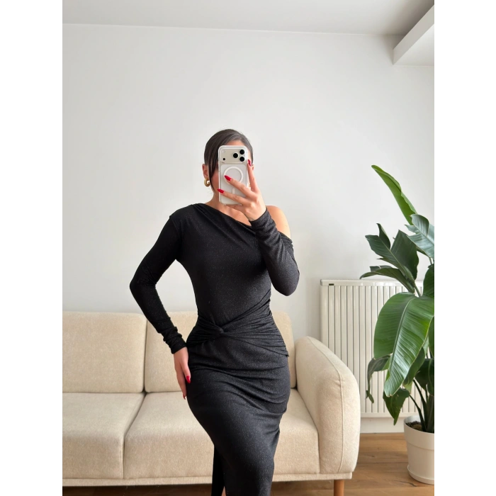 Tek Omuz Simli Drapeli Elbise- SİYAH