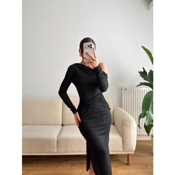 Tek Omuz Simli Drapeli Elbise- SİYAH