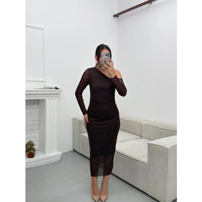 Tek Omuz Taşlı Tül Elbise - KAHVE