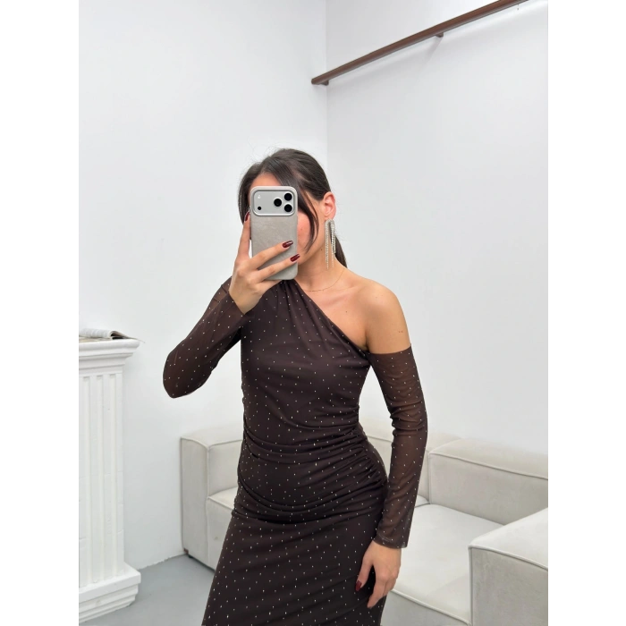 Tek Omuz Taşlı Tül Elbise - KAHVE