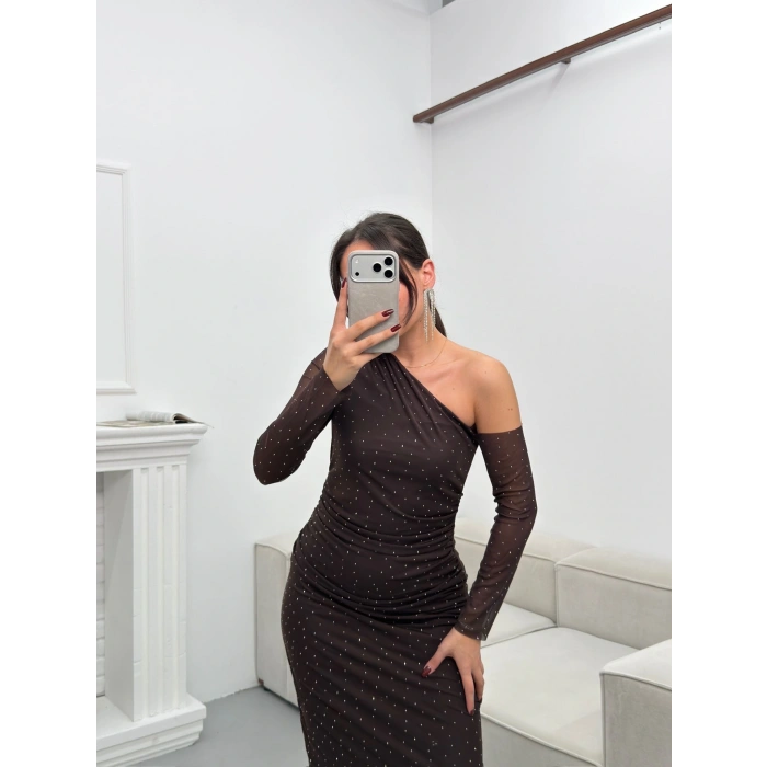 Tek Omuz Taşlı Tül Elbise - KAHVE