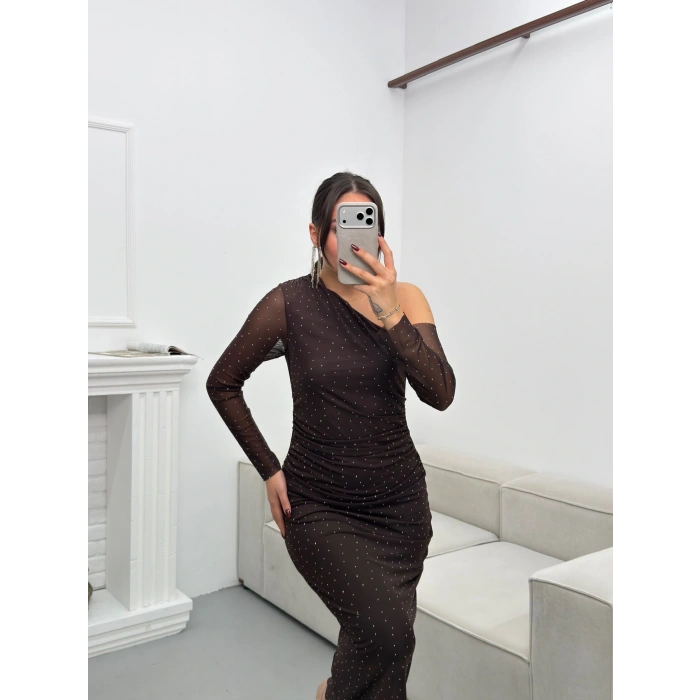 Tek Omuz Taşlı Tül Elbise - KAHVE