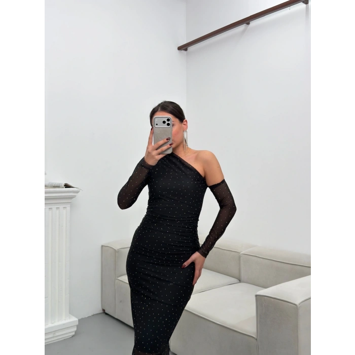 Tek Omuz Taşlı Tül Elbise - SİYAH