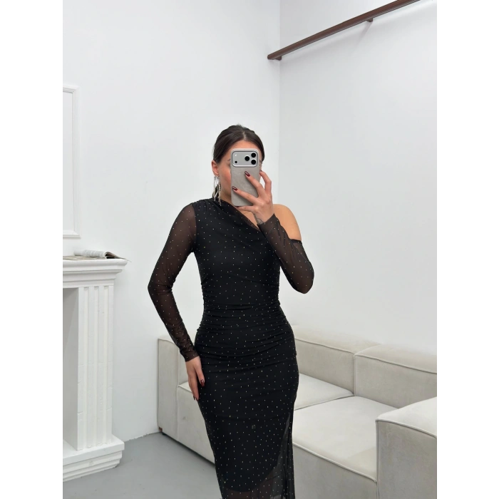 Tek Omuz Taşlı Tül Elbise - SİYAH