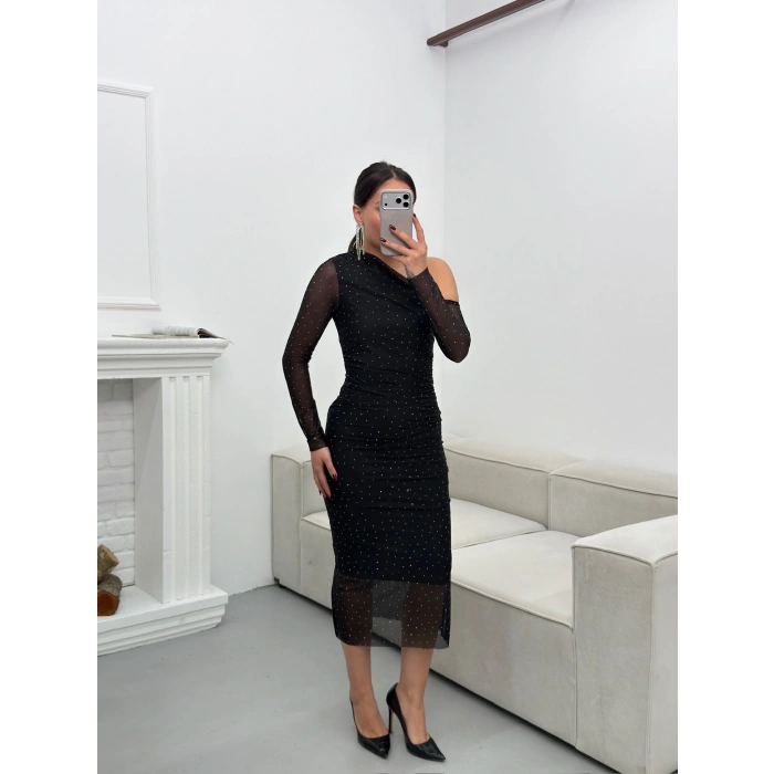 Tek Omuz Taşlı Tül Elbise - SİYAH