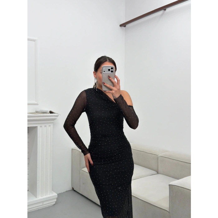 Tek Omuz Taşlı Tül Elbise - SİYAH