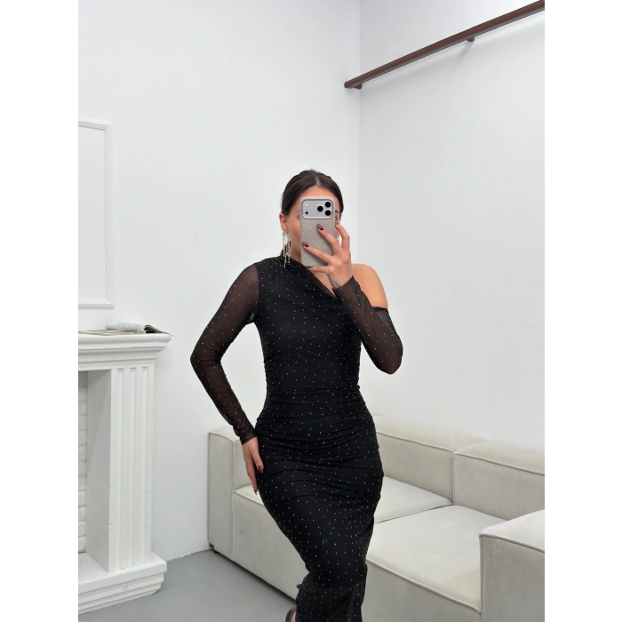 Tek Omuz Taşlı Tül Elbise - SİYAH