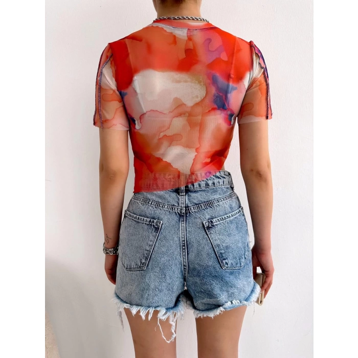 Ters Dikiş Tül Crop-KIRMIZI