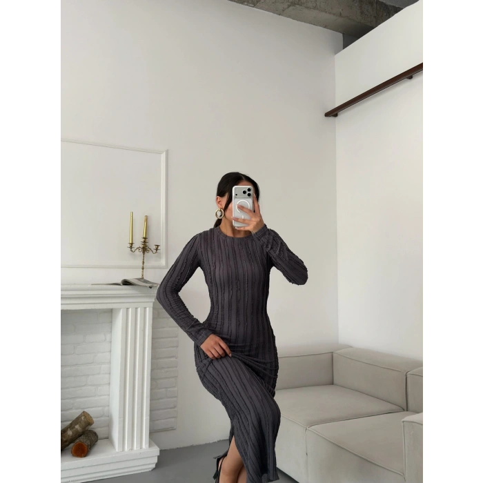 Ters Dikiş Yırtmaçlı Elbise - GRİ