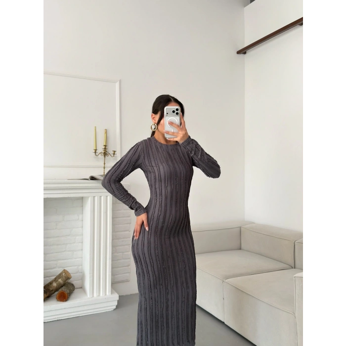 Ters Dikiş Yırtmaçlı Elbise - GRİ